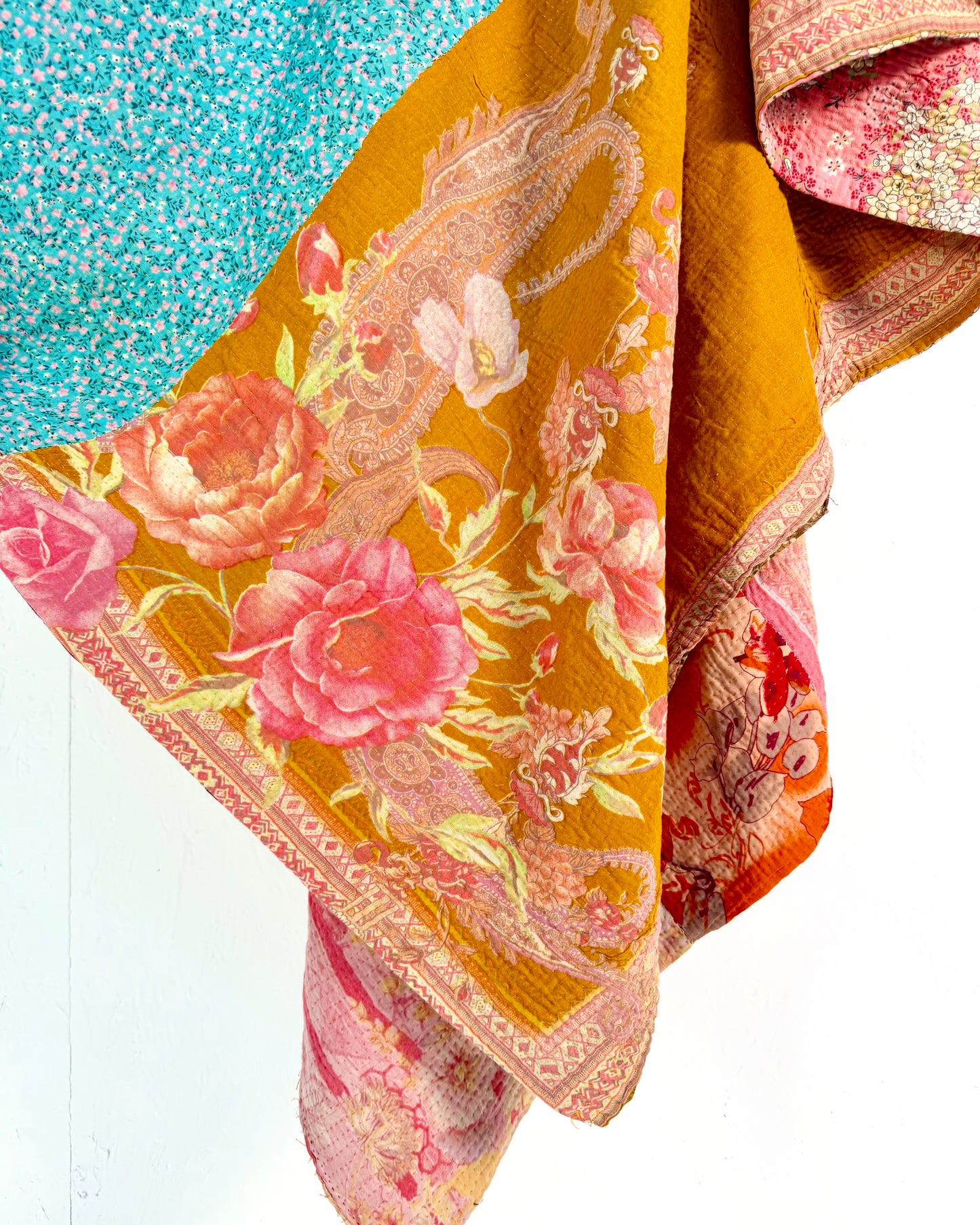 Extra Large Large Fine Stitched Vintage Kantha Quilt in Vibrant Pink, Turquoise, Mustard and Red