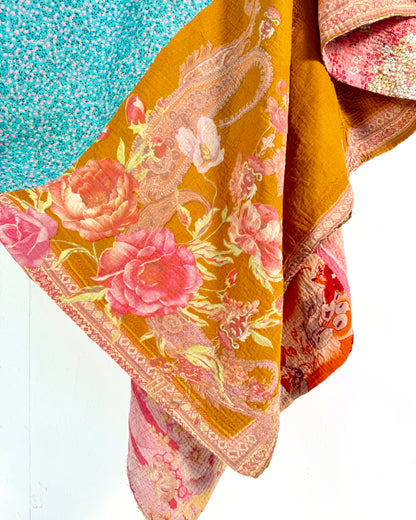 Extra Large Large Fine Stitched Vintage Kantha Quilt in Vibrant Pink, Turquoise, Mustard and Red