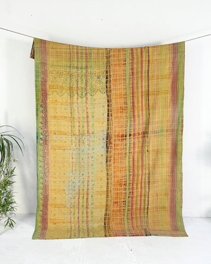 Large Textured Vintage Kantha Quilt In Soft Yellow and Orange