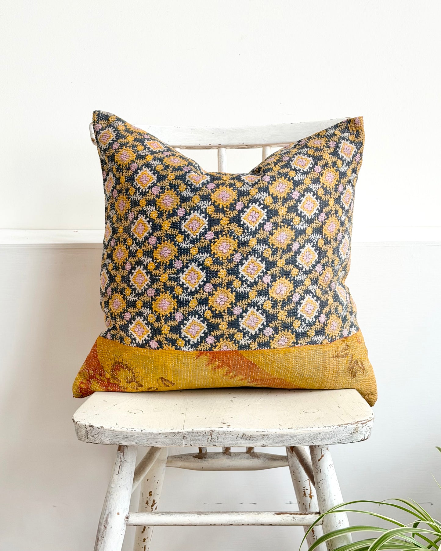 Vintage Kantha Cushion In Yellow and Blue - 45cm Square