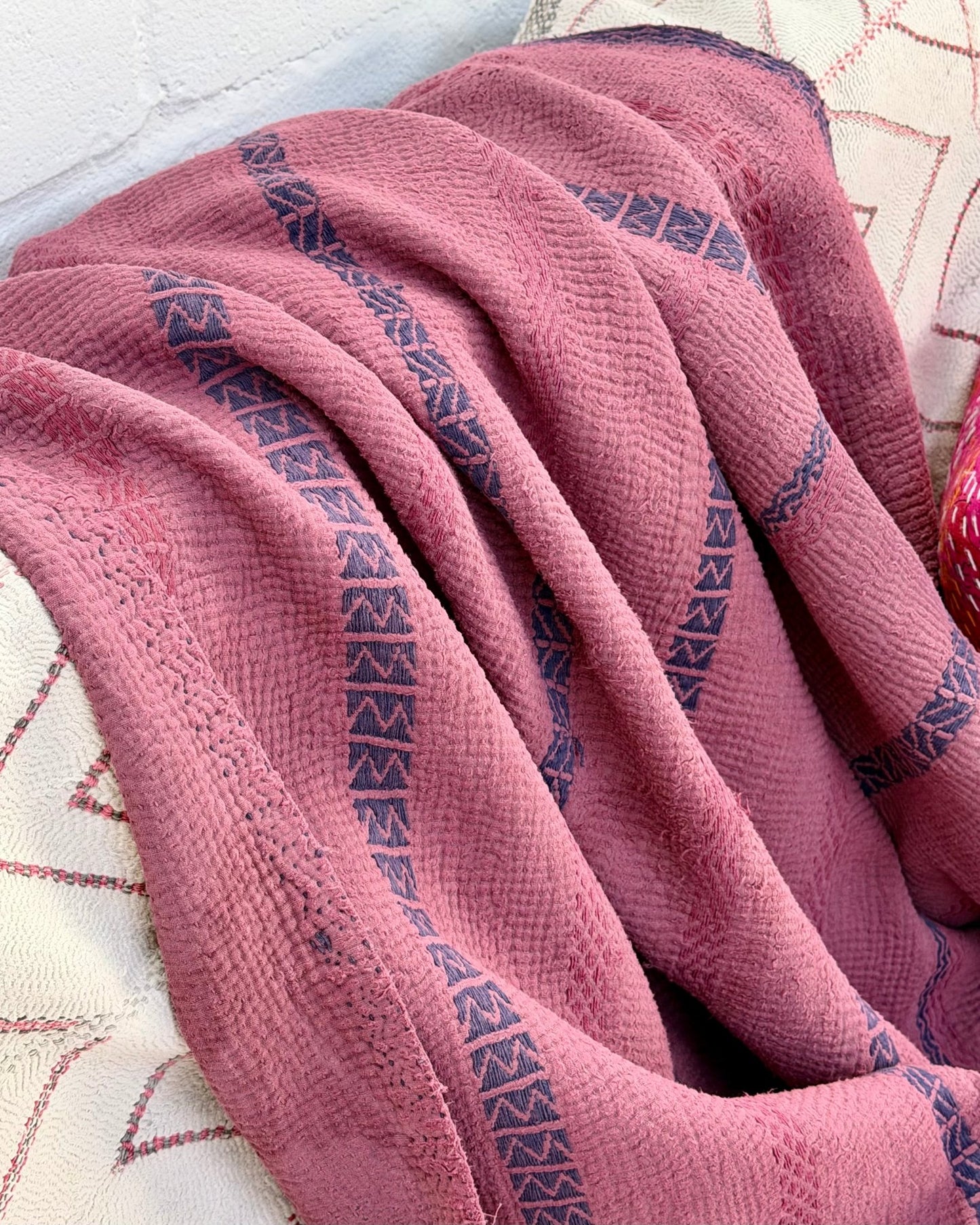 Fine Stitched Embroidered Vintage Kantha Quilt in Deep Plum - Biggs & Hill