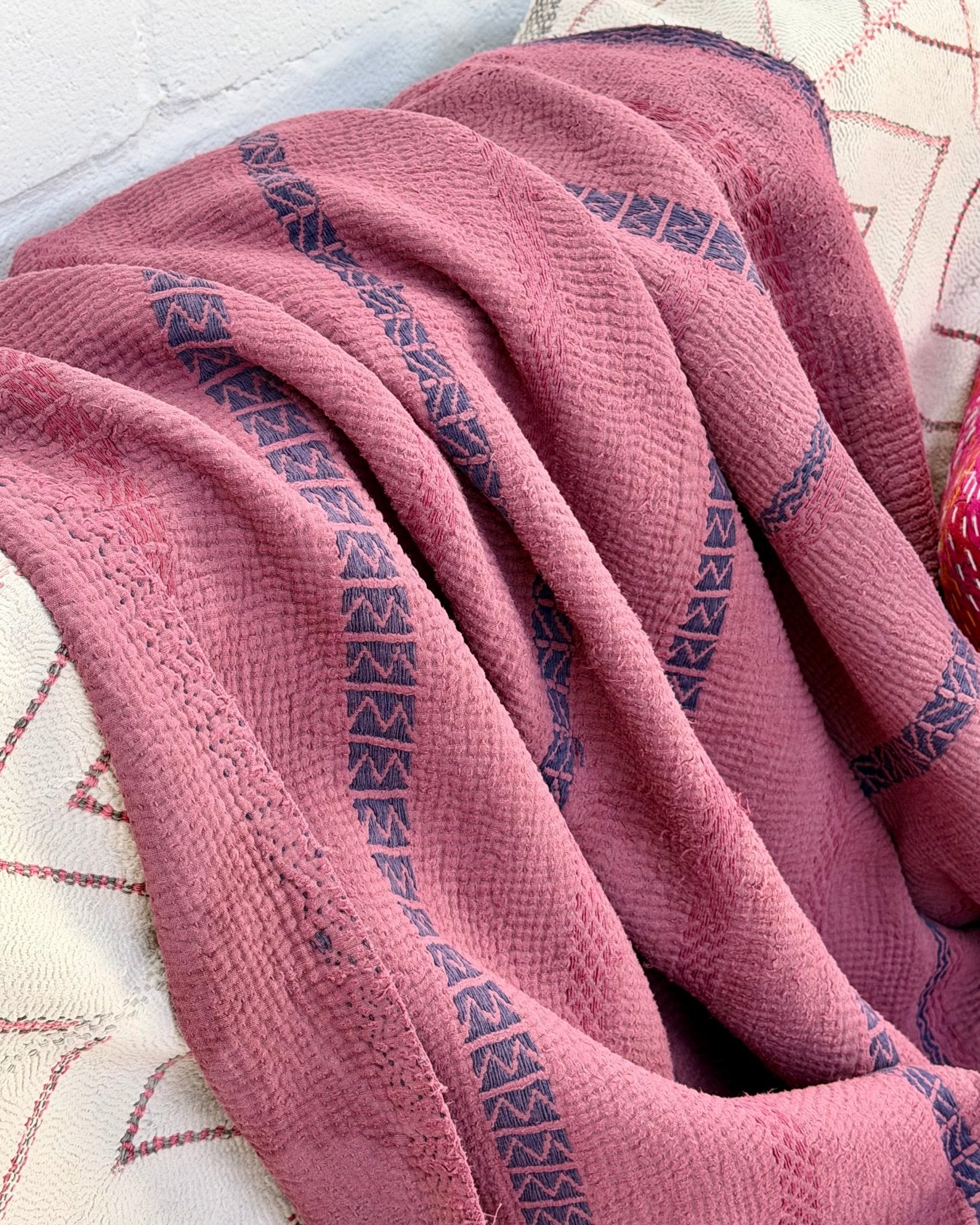 Fine Stitched Embroidered Vintage Kantha Quilt in Deep Plum - Biggs & Hill