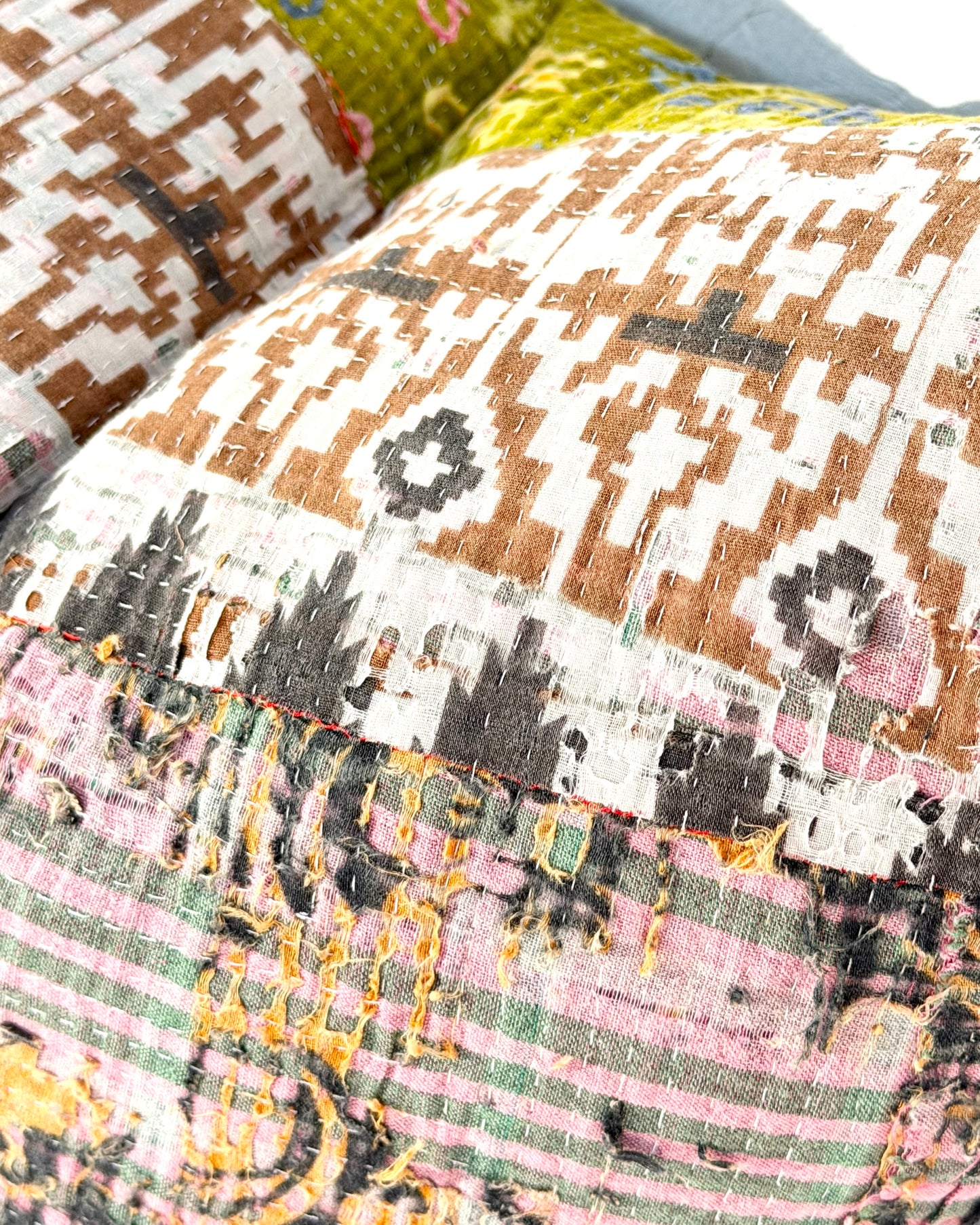 Handmade Vintage Kantha Cushion Cover In Textured Orange and Green - 50cm Square