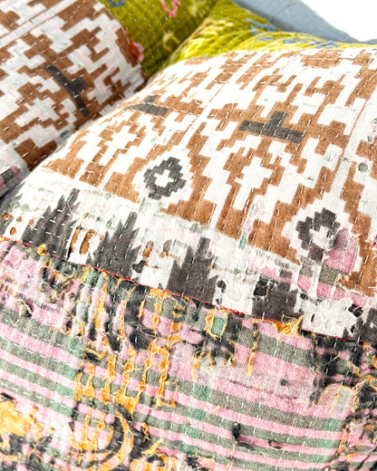Handmade Vintage Kantha Cushion Cover In Textured Orange and Green - 50cm Square
