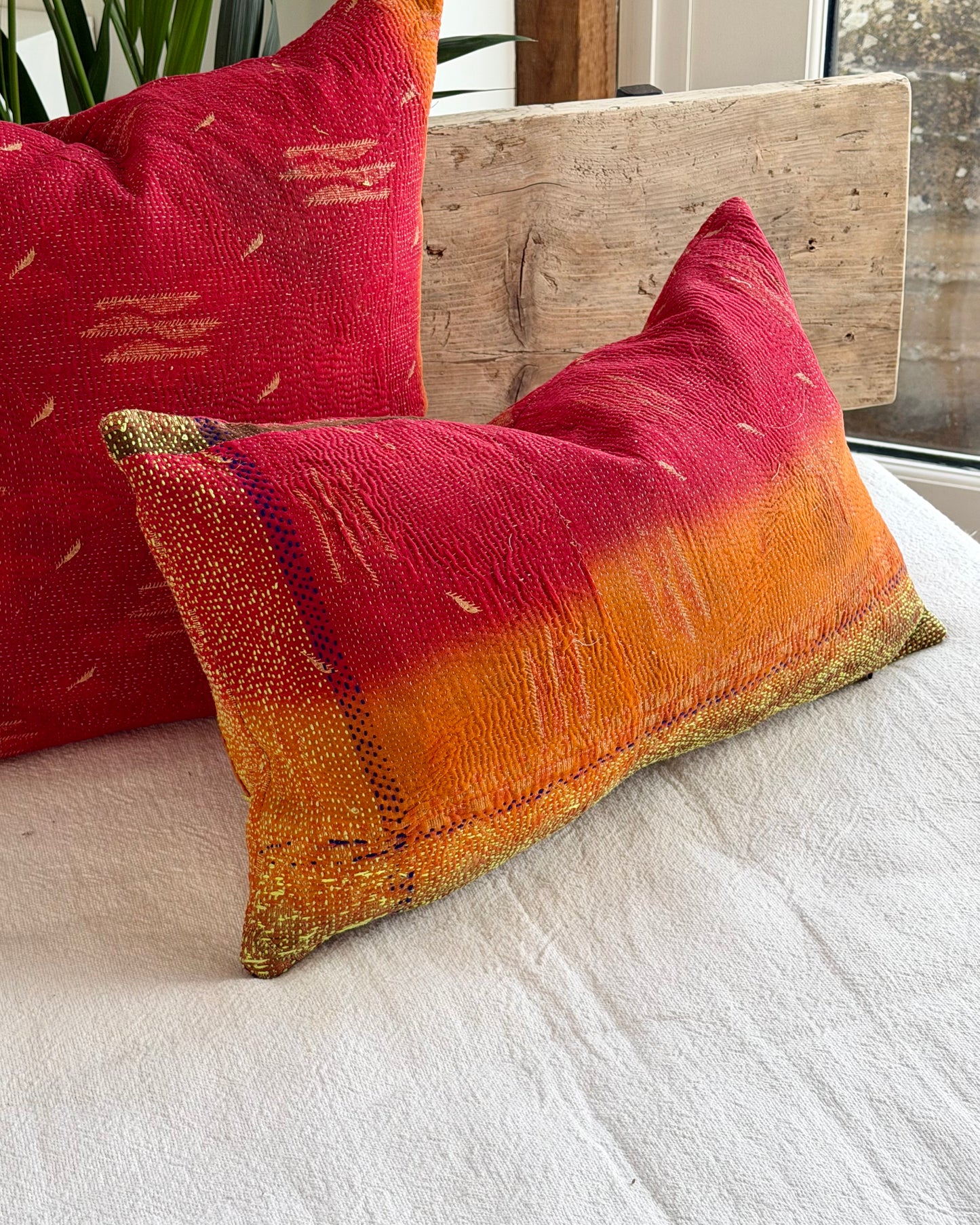 Vintage Kantha Cushion In Red Orange and Green - Small Rectangular