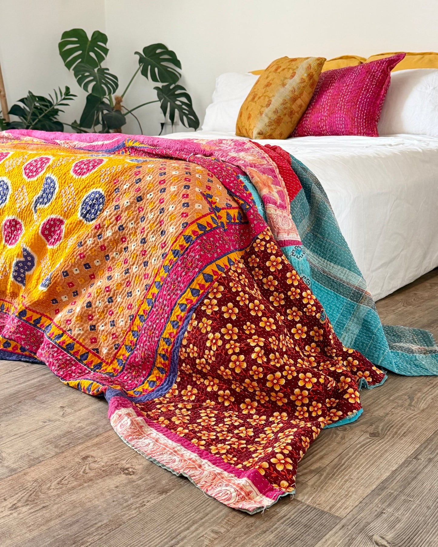 Large Fine Stitched Vintage Kantha Quilt in Pink, Turquoise and Yellow - Biggs & Hill