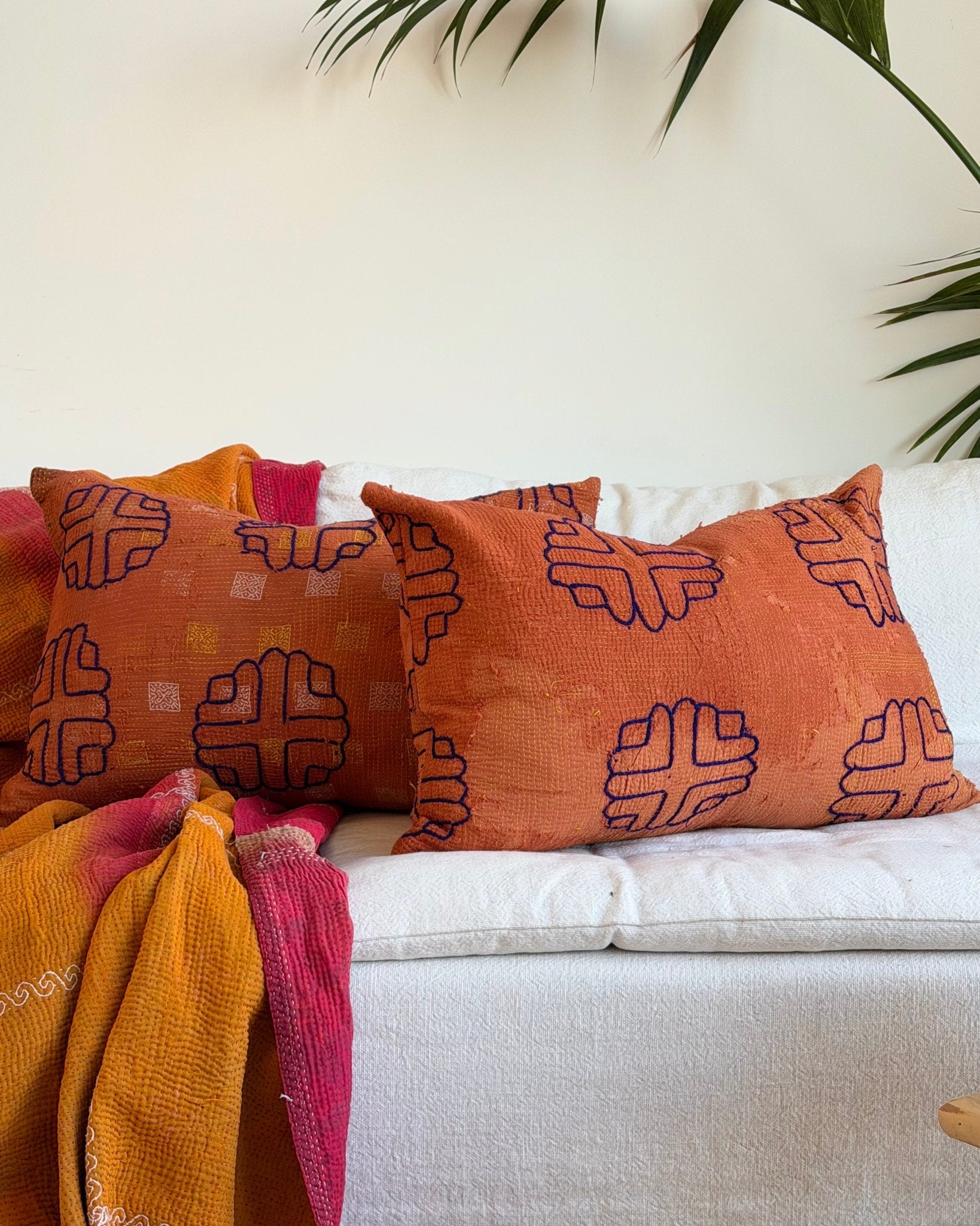 Vintage Kantha Cushion In Terracotta 03 - Large Rectangular - Biggs & Hill