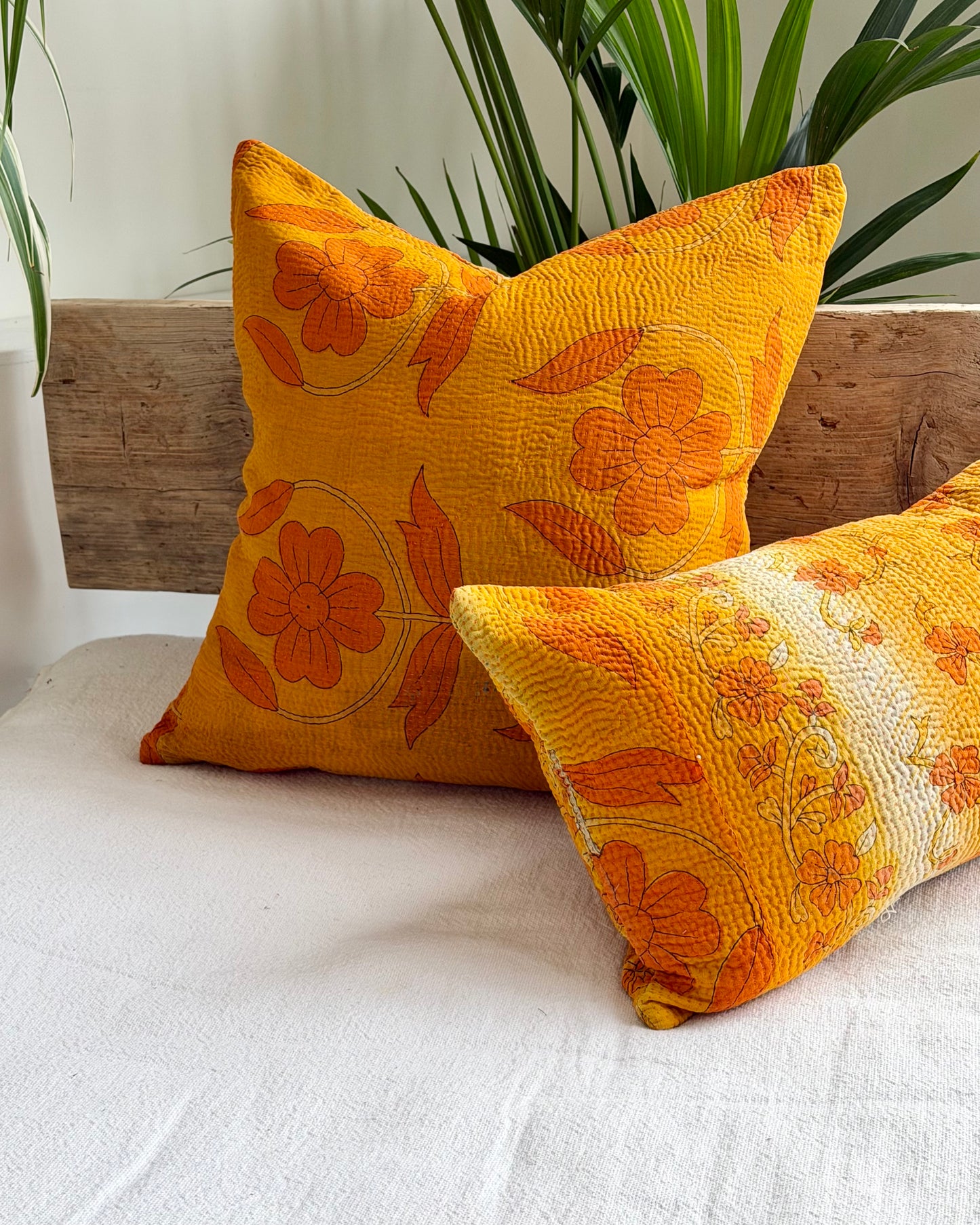Vintage Kantha Cushion In Yellow Floral - 45cm Square