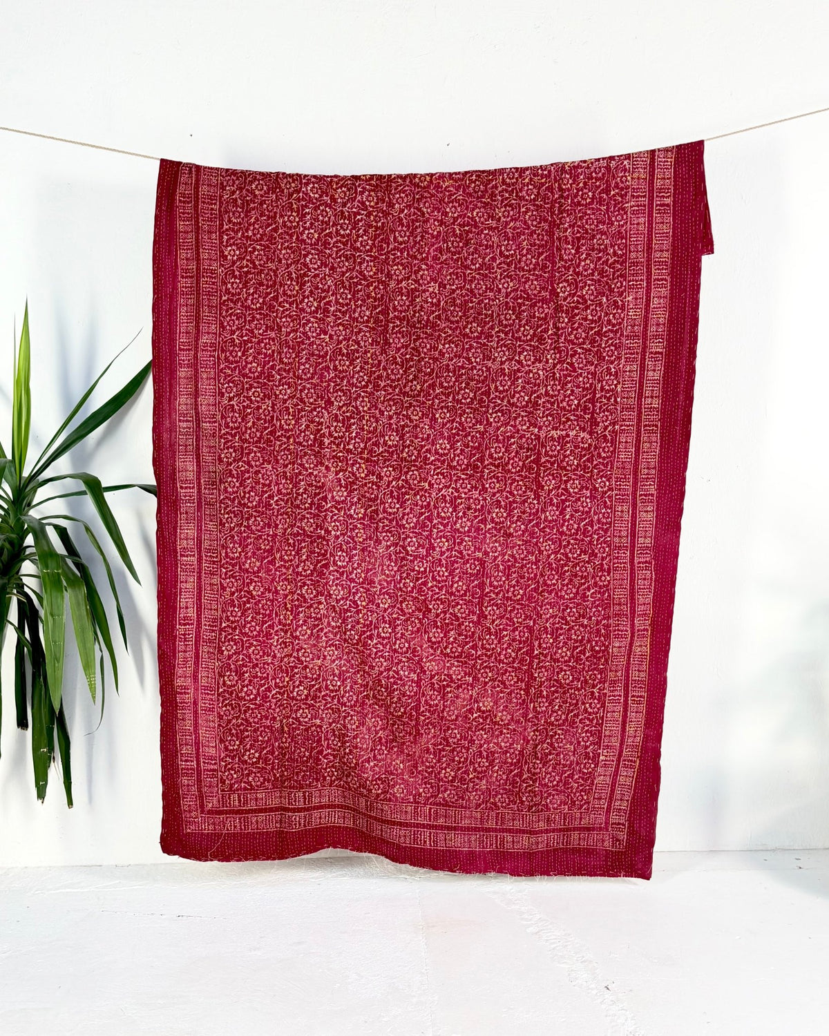 Ajrakh Printed Vintage Kantha Quilt in Deep Red - Biggs & Hill