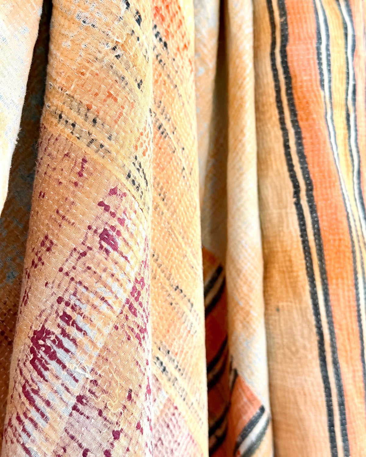 Extra Large Fine Stitched Vintage Kantha Quilt in Peachy Orange and Red - Biggs & Hill