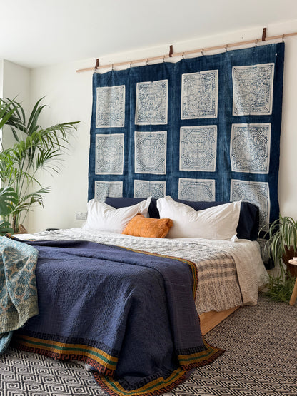Vintage Chinese Blue Jiaxie Wedding Quilt Face – Drama Pattern