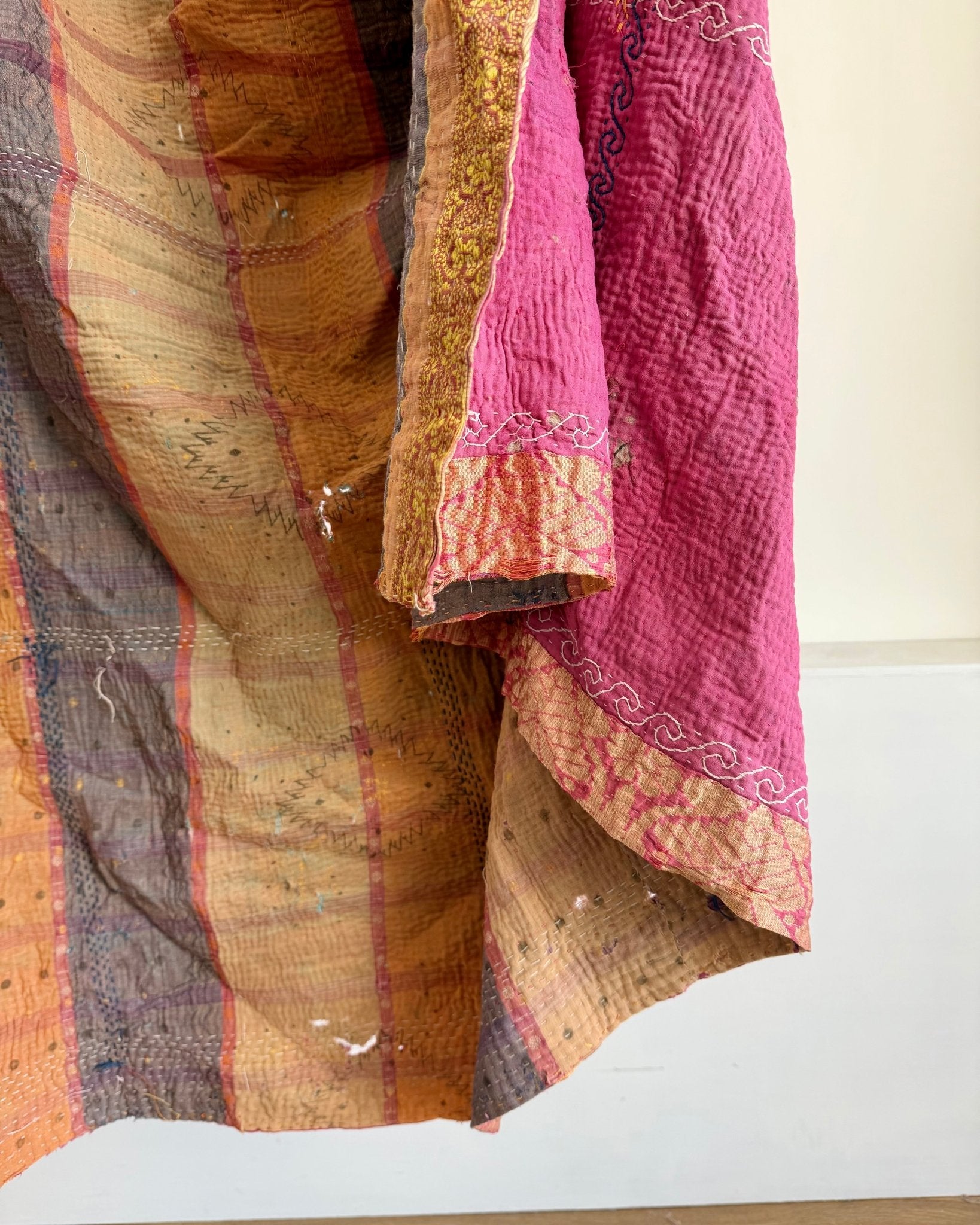Project Kantha Quilt: Pink and Blue With Embroidery - Biggs & Hill