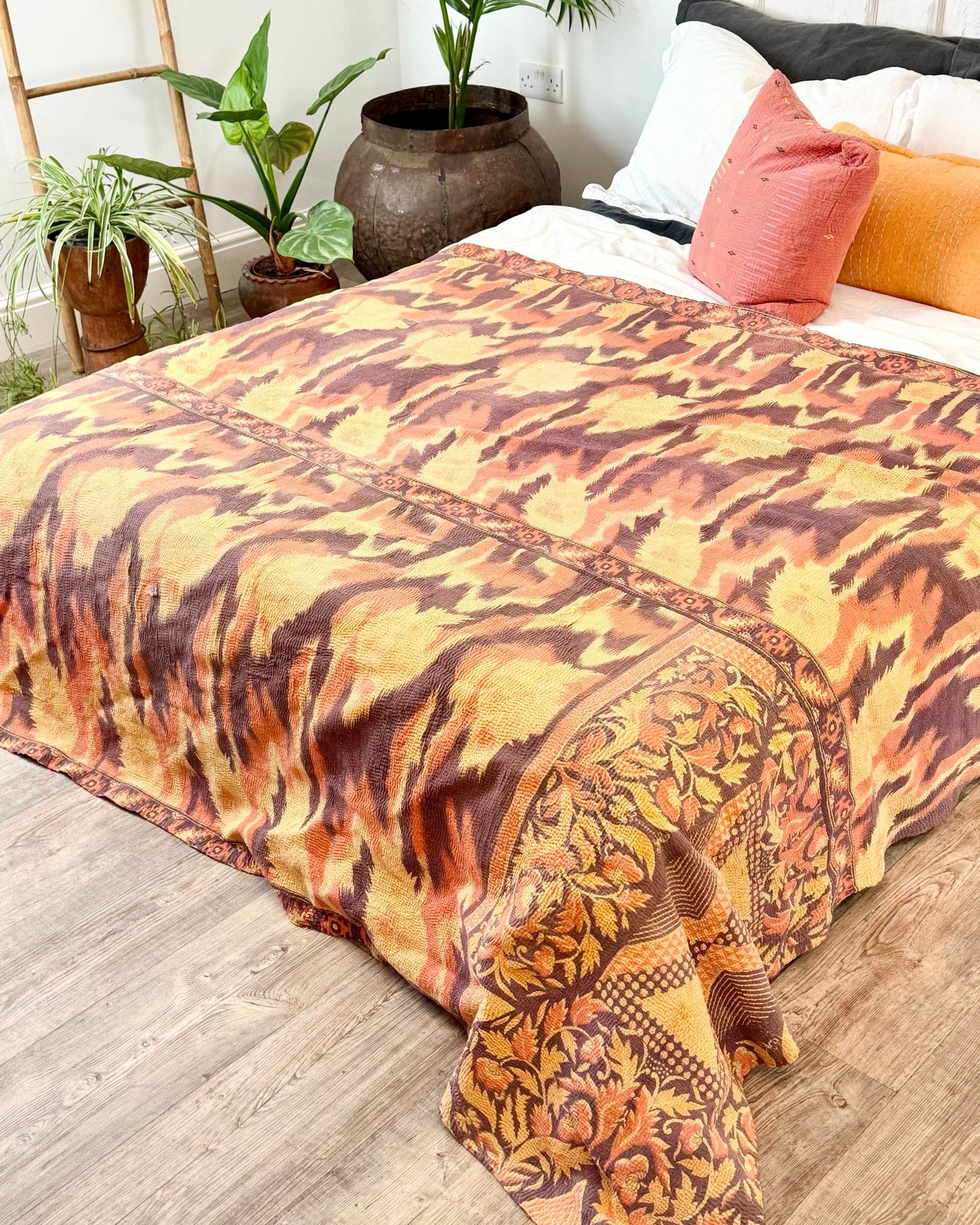 Large Fine Stitched Vintage Kantha Quilt With Yellow and Brown Flame Pattern - Biggs & Hill