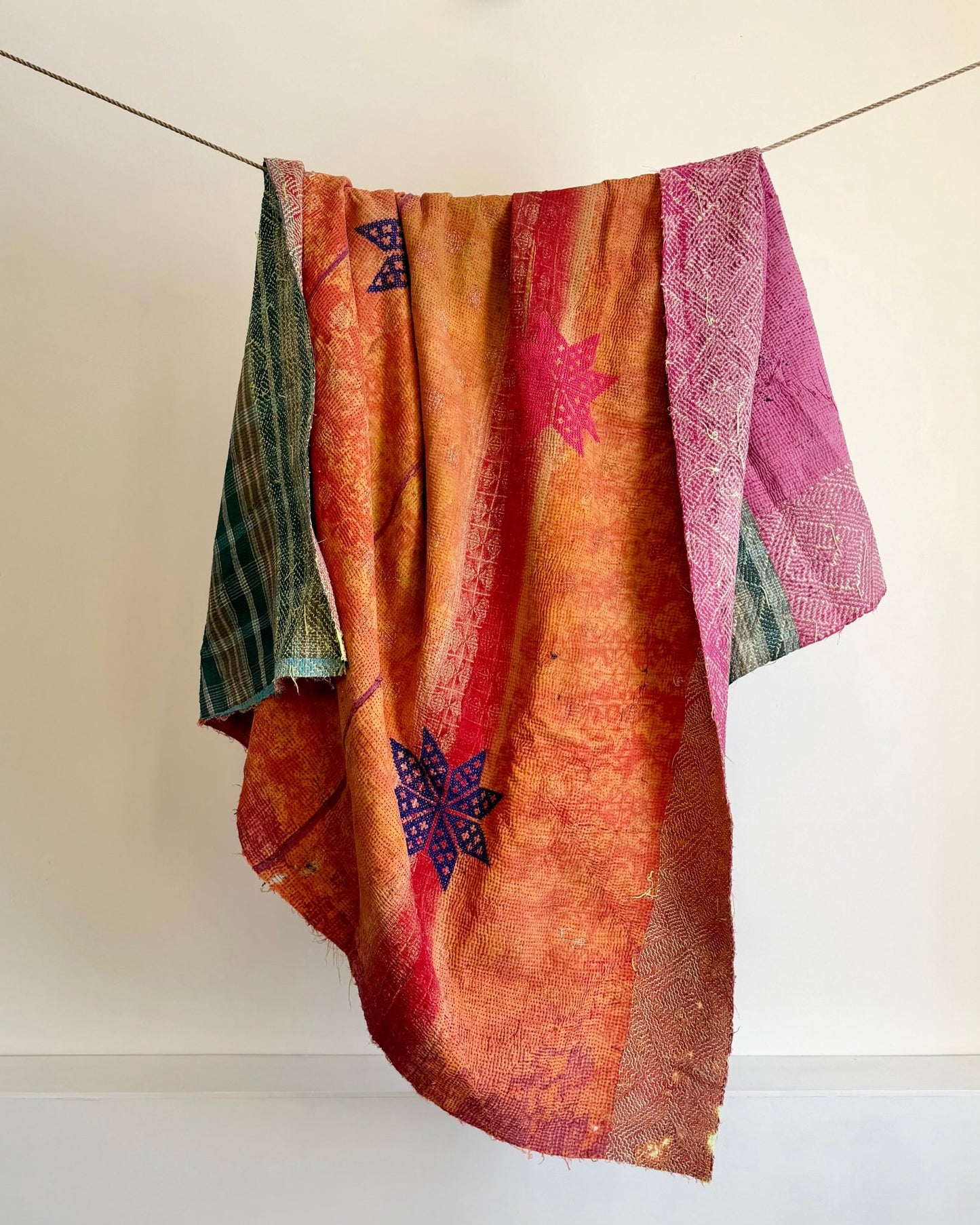 Project Kantha Quilt: Orange and Green With Cross Stitch Stars - Biggs & Hill