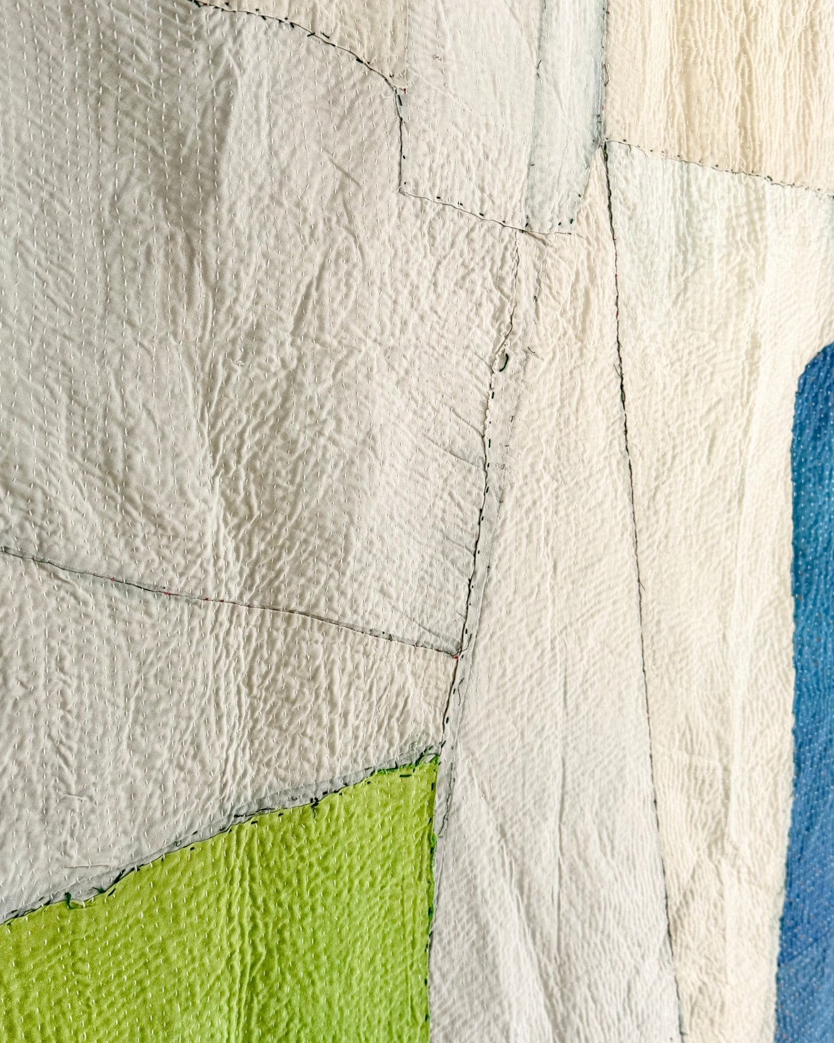Fine Stitched Vintage Kantha Quilt in Patchwork Blue, White and Green - Biggs & Hill