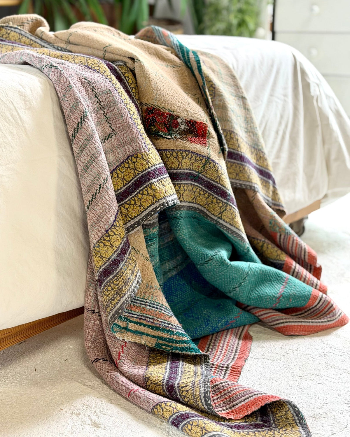 Embroidered Vintage Kantha Quilt in Pink and Turquoise - Biggs & Hill