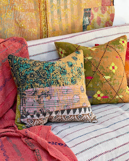 Handmade Vintage Kantha Cushion Cover In Textured Orange and Green - 50cm Square