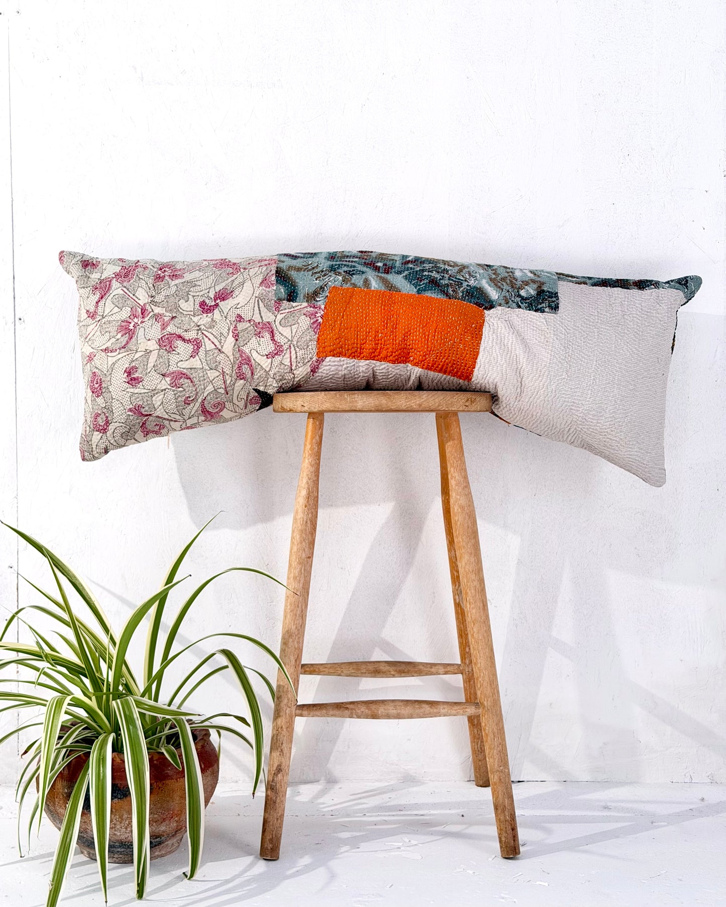 Vintage Kantha Bolster Cushion Cover In Patchwork Orange, Green and White - 100cm