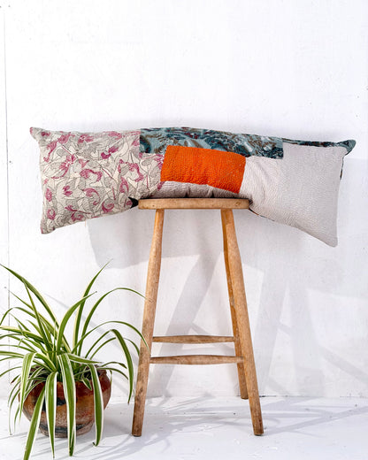 Vintage Kantha Bolster Cushion Cover In Patchwork Orange, Green and White - 100cm