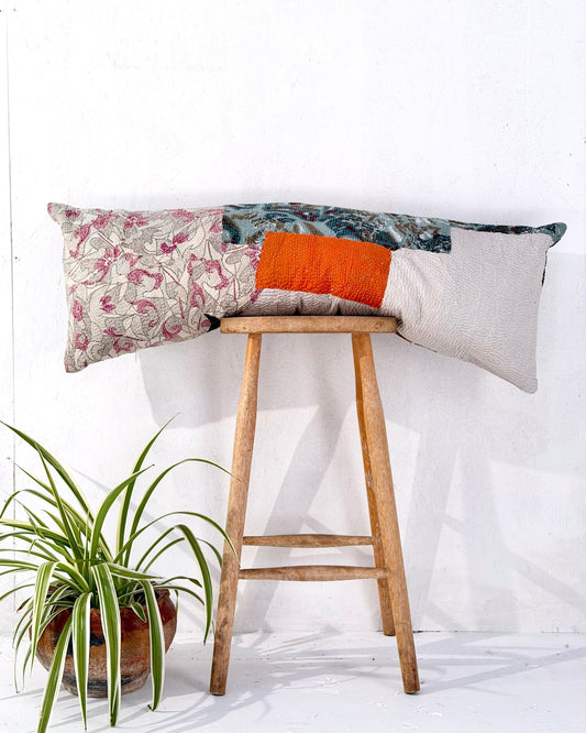 Vintage Kantha Bolster Cushion Cover In Patchwork Orange, Green and White - 100cm - Biggs & Hill