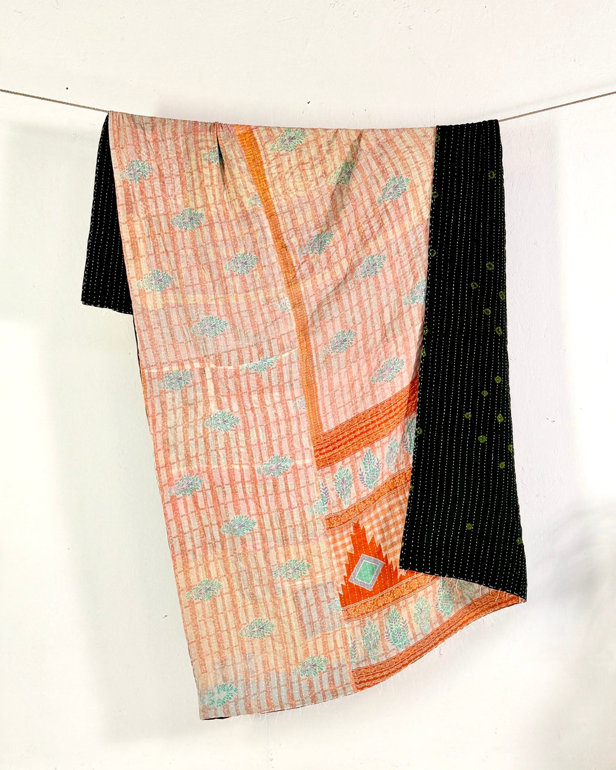Vintage Cotton Kantha Quilt In Peach and Black 01 - Biggs & Hill