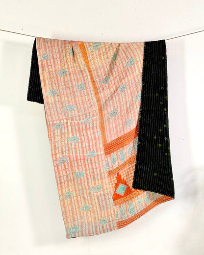 Vintage Cotton Kantha Quilt In Peach and Black 01 - Biggs & Hill