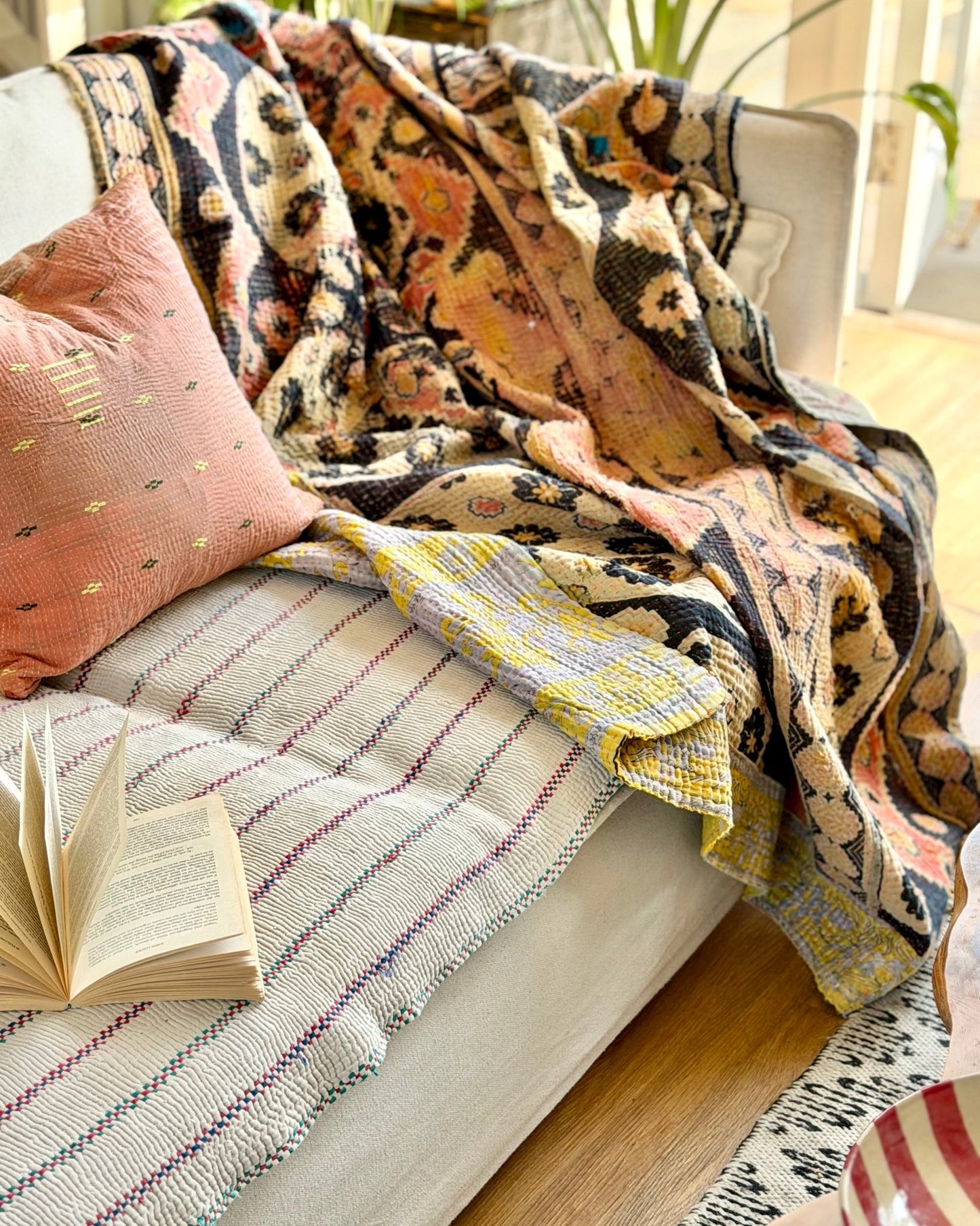 Large Textured Vintage Kantha Quilt In Geometric Peach and Black - Biggs & Hill