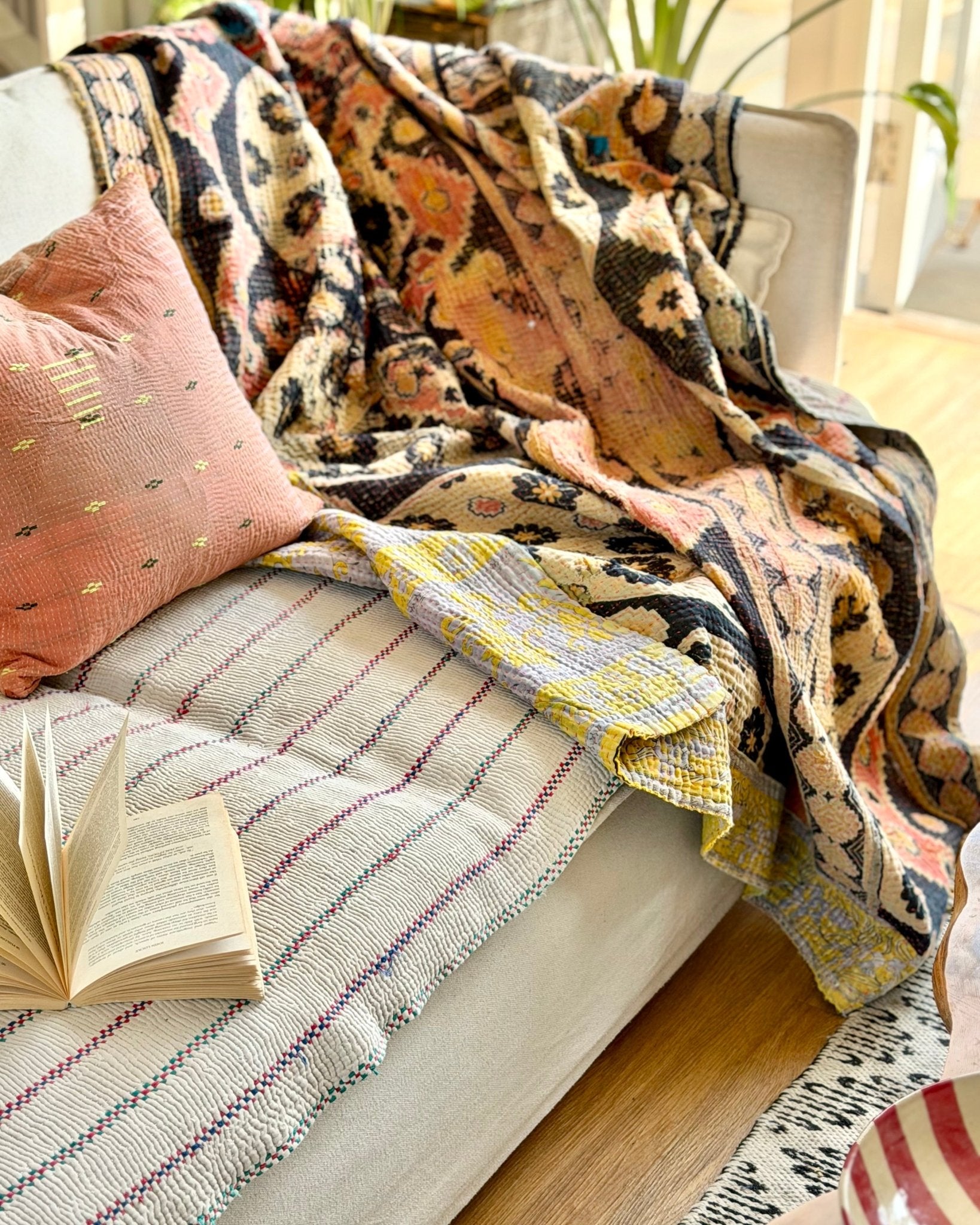 Large Textured Vintage Kantha Quilt In Geometric Peach and Black - Biggs & Hill