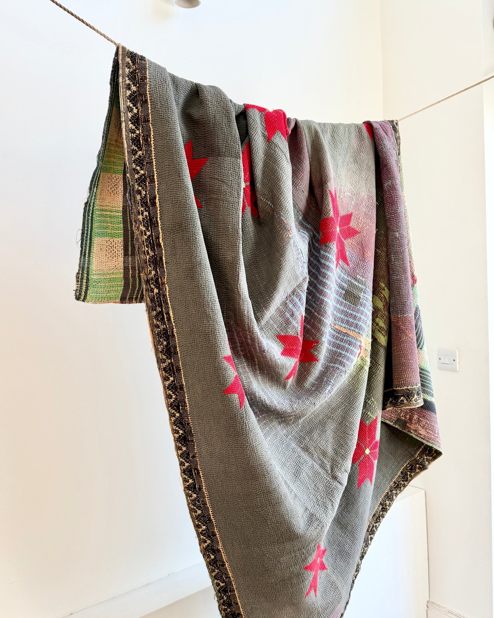 Large Fine Stitched Embroidered Vintage Kantha Quilt With Red Stars on Grey - Biggs & Hill