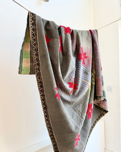 Large Fine Stitched Embroidered Vintage Kantha Quilt With Red Stars on Grey - Biggs & Hill