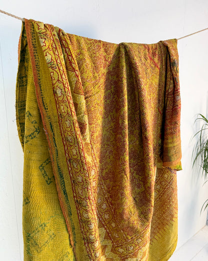 Extra Large Ajrakh Printed Vintage Kantha Quilt In Green-Gold