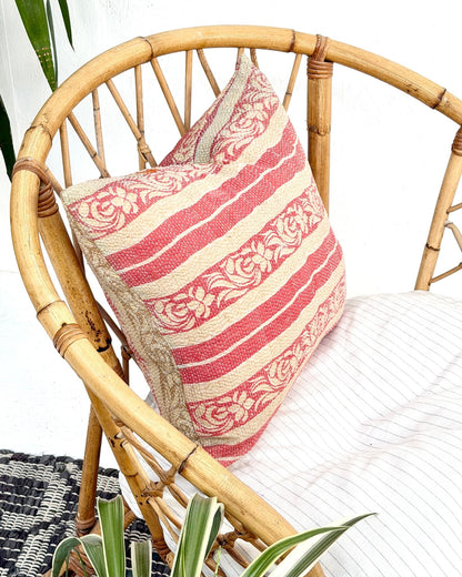 Handmade Vintage Kantha Cushion Cover In Pink and Beige- 45cm (18") - Biggs & Hill