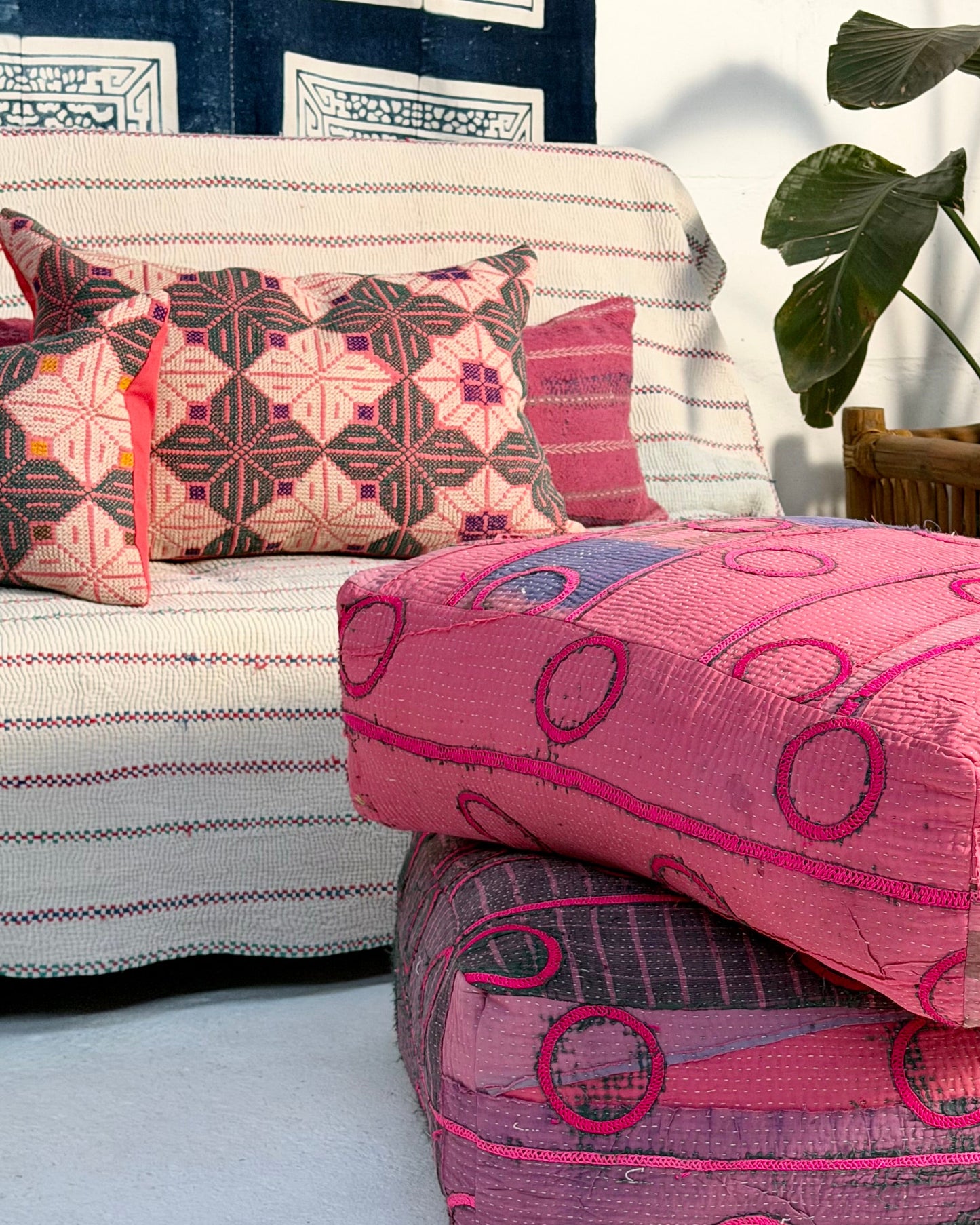Vintage Galichi Kantha Cushion Cover In Pink - Large Rectangular