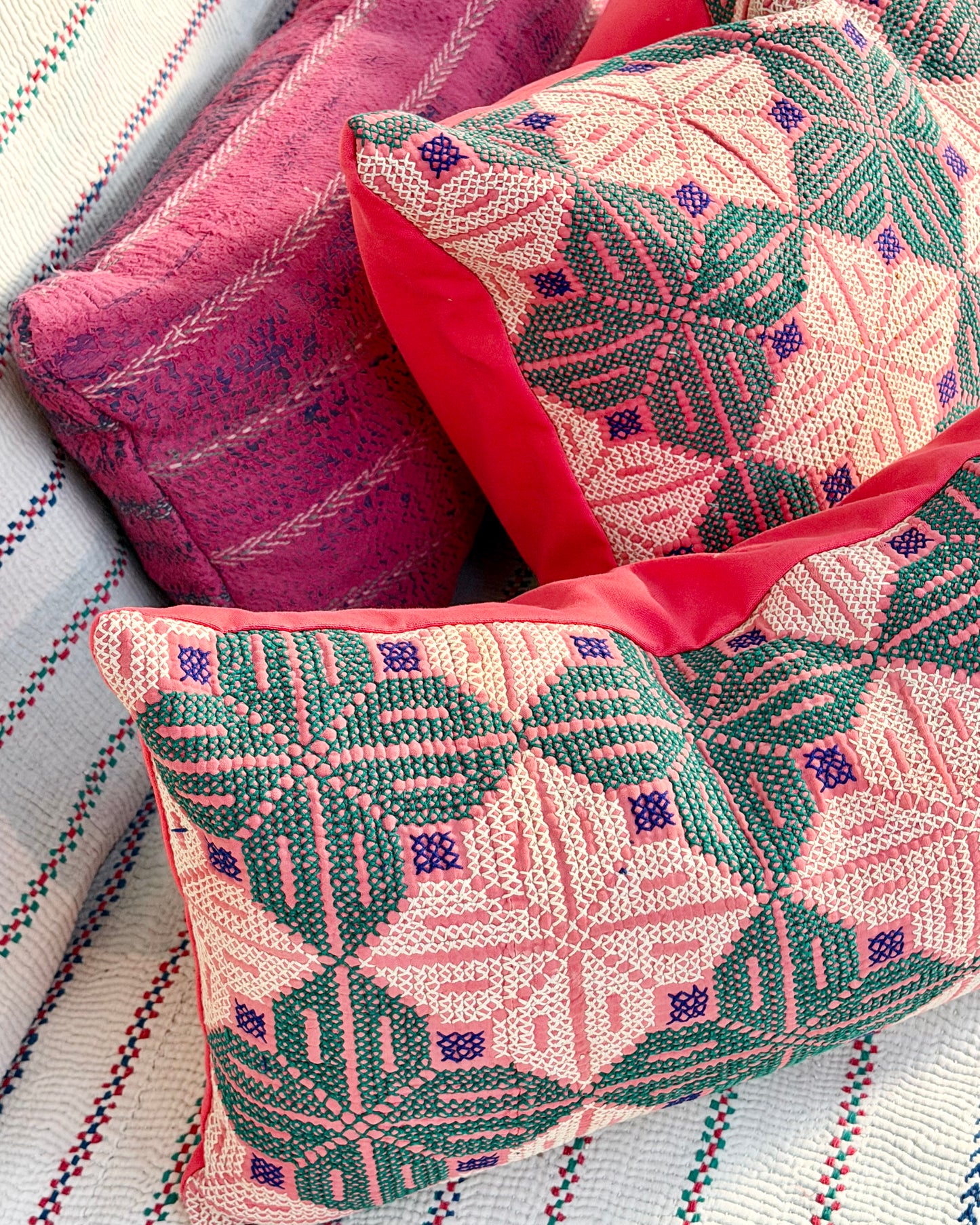 Vintage Galichi Kantha Cushion Cover In Pink - Small Rectangular