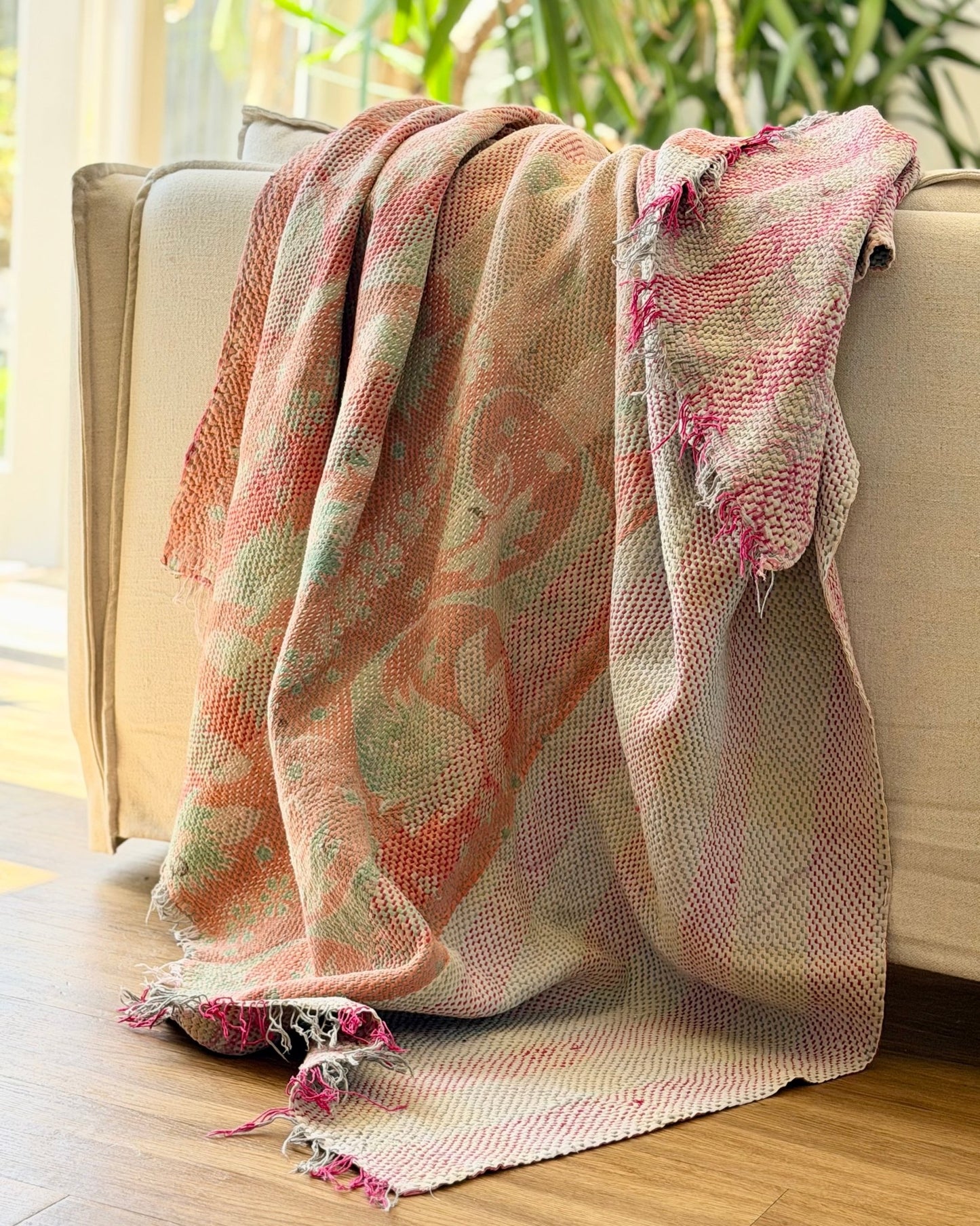 Heavy Kantha Blanket Quilt With Pink Stripes - Biggs & Hill