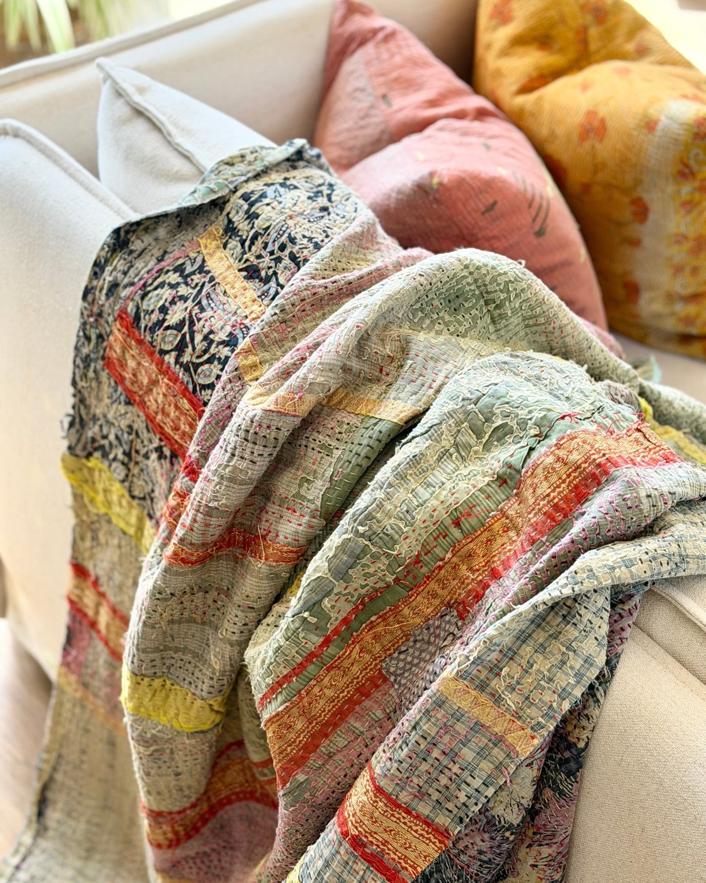Textured Vintage Kantha Quilt In Green and Gold - Biggs & Hill