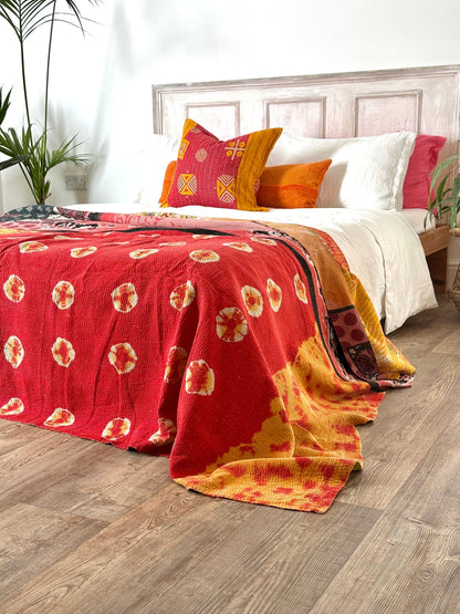 Fine Stitched Embroidered Vintage Kantha Quilt in Multicolour Print - Biggs & Hill