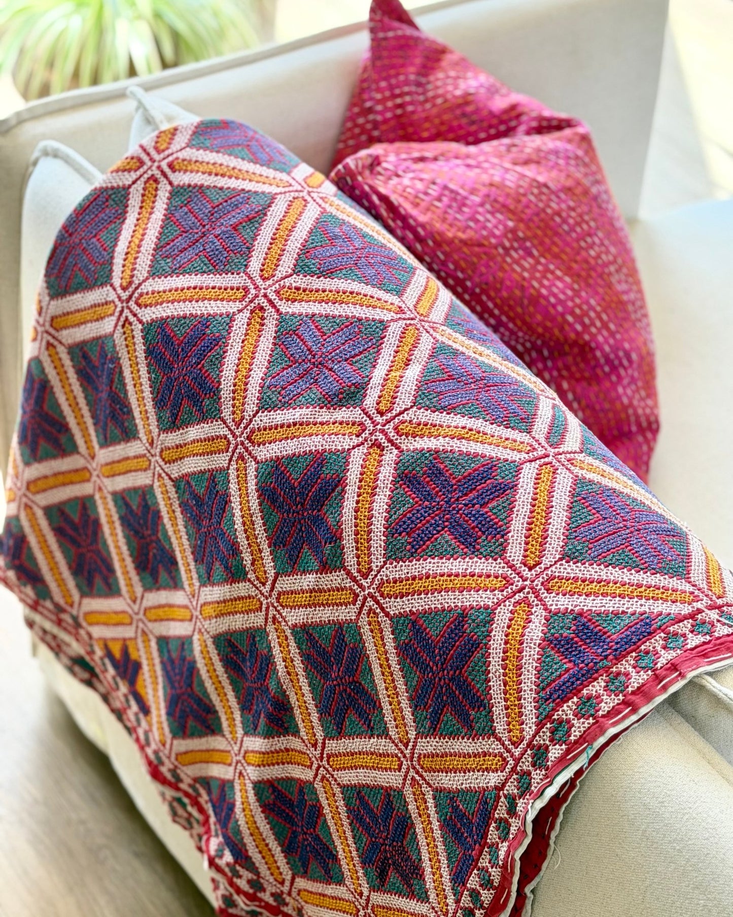 Heavy Vintage Galicha Kantha Quilt In Blue and Red - Biggs & Hill
