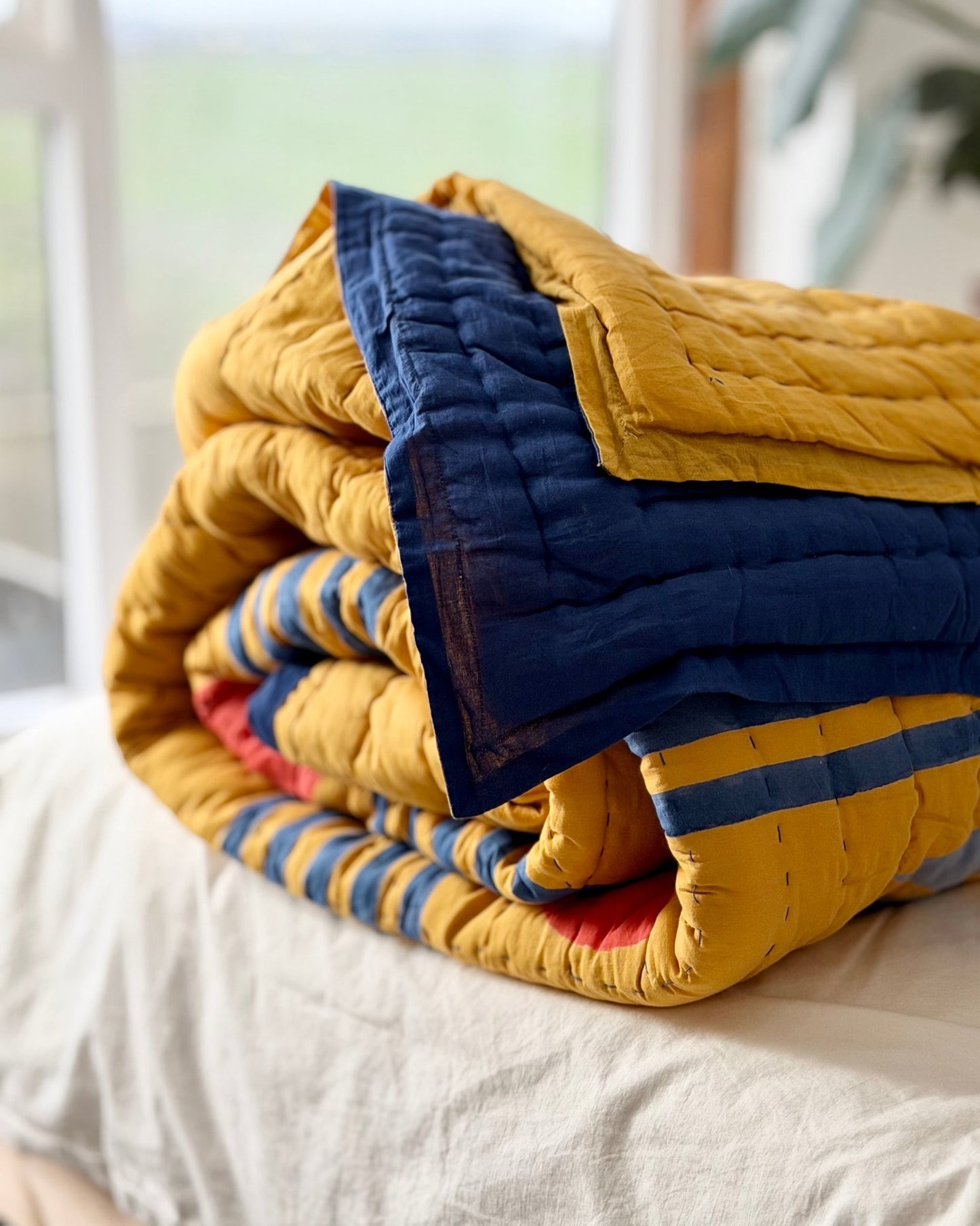 Quilted Kantha In Blue and Yellow With Geometric Patterns - SUPER KING - Biggs & Hill