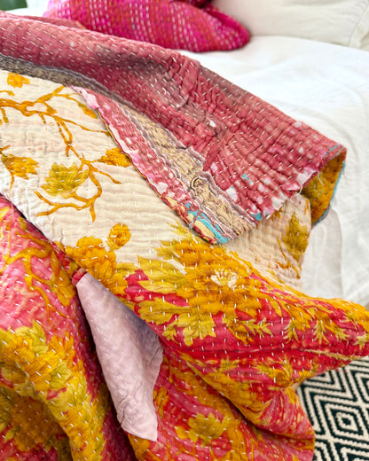 Extra Large Large Fine Stitched Vintage Kantha Quilt in Pink and Yellow