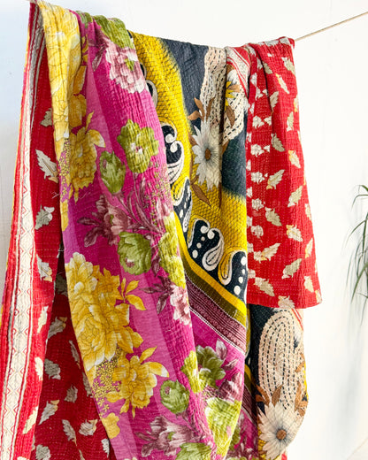 Large Fine Stitched Vintage Kantha Quilt in Pink, Red and Yellow