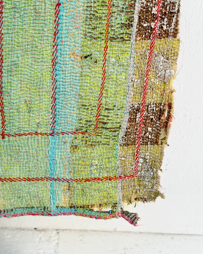 Project Kantha Quilt: Blue, Yellow and Green With Authentic Aged Texture