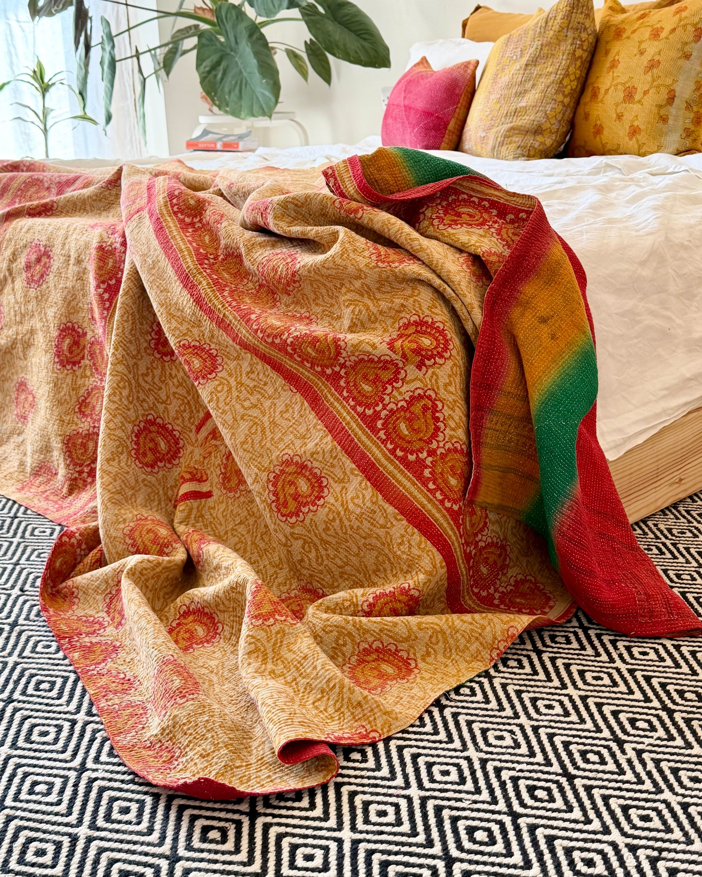 Extra Large Fine Stitched Vintage Kantha Quilt in Beige, Red and Green