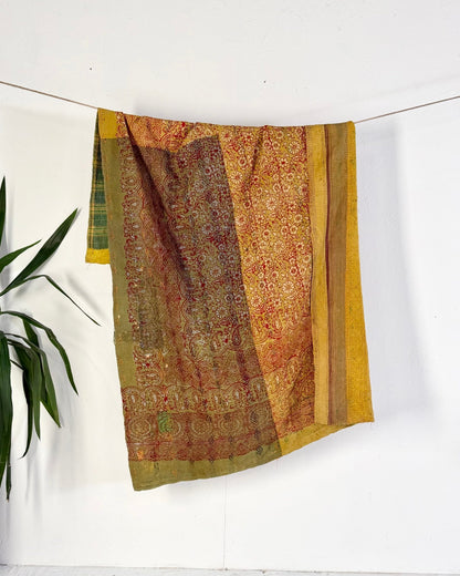 Ajrakh Printed Vintage Kantha Quilt In Green-Gold - Biggs & Hill