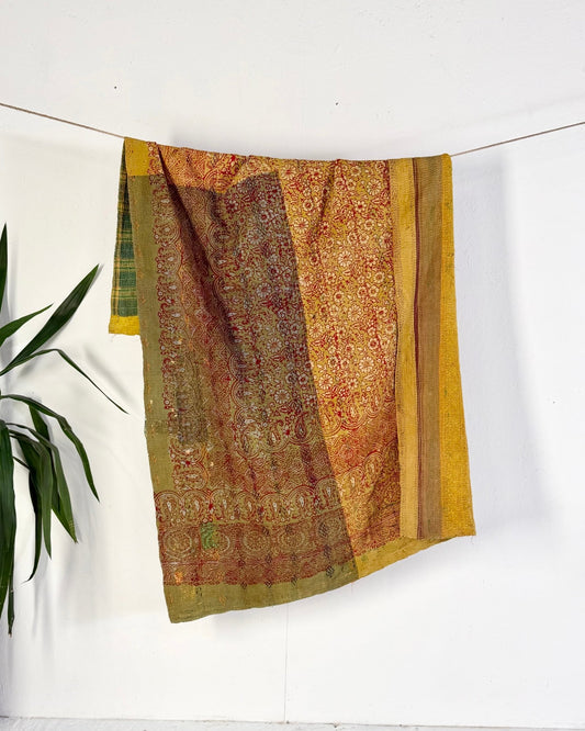Ajrakh Printed Vintage Kantha Quilt In Green-Gold - Biggs & Hill