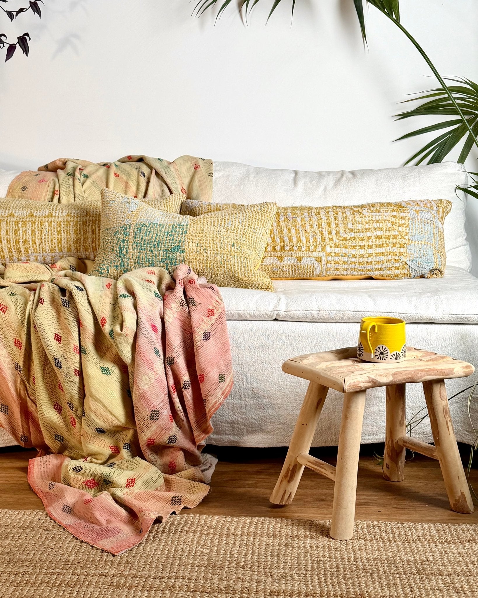 Vintage Kantha Bolster Cushion In Yellow 03 - Biggs & Hill