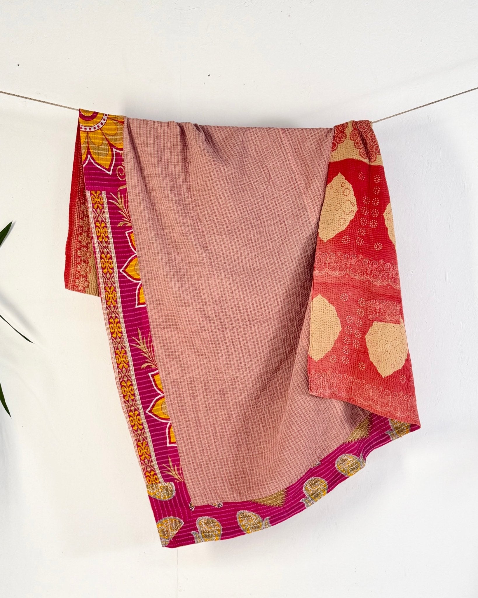 Large Fine Stitched Vintage Kantha Quilt in Pink and Peachy Orange - Biggs & Hill