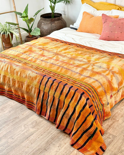 Large Embroidered Vintage Kantha Quilt in Pink and Orange - Biggs & Hill