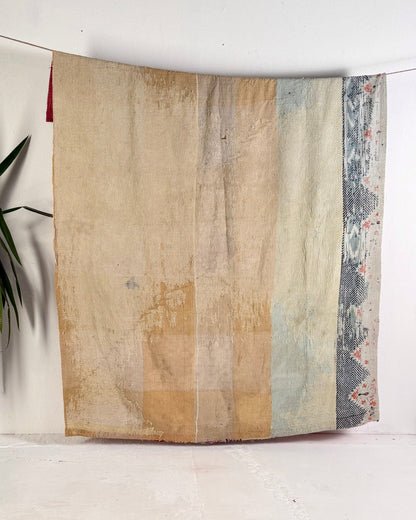 Large Textured Vintage Kantha Quilt in Peachy Pink and Yellow - Biggs & Hill