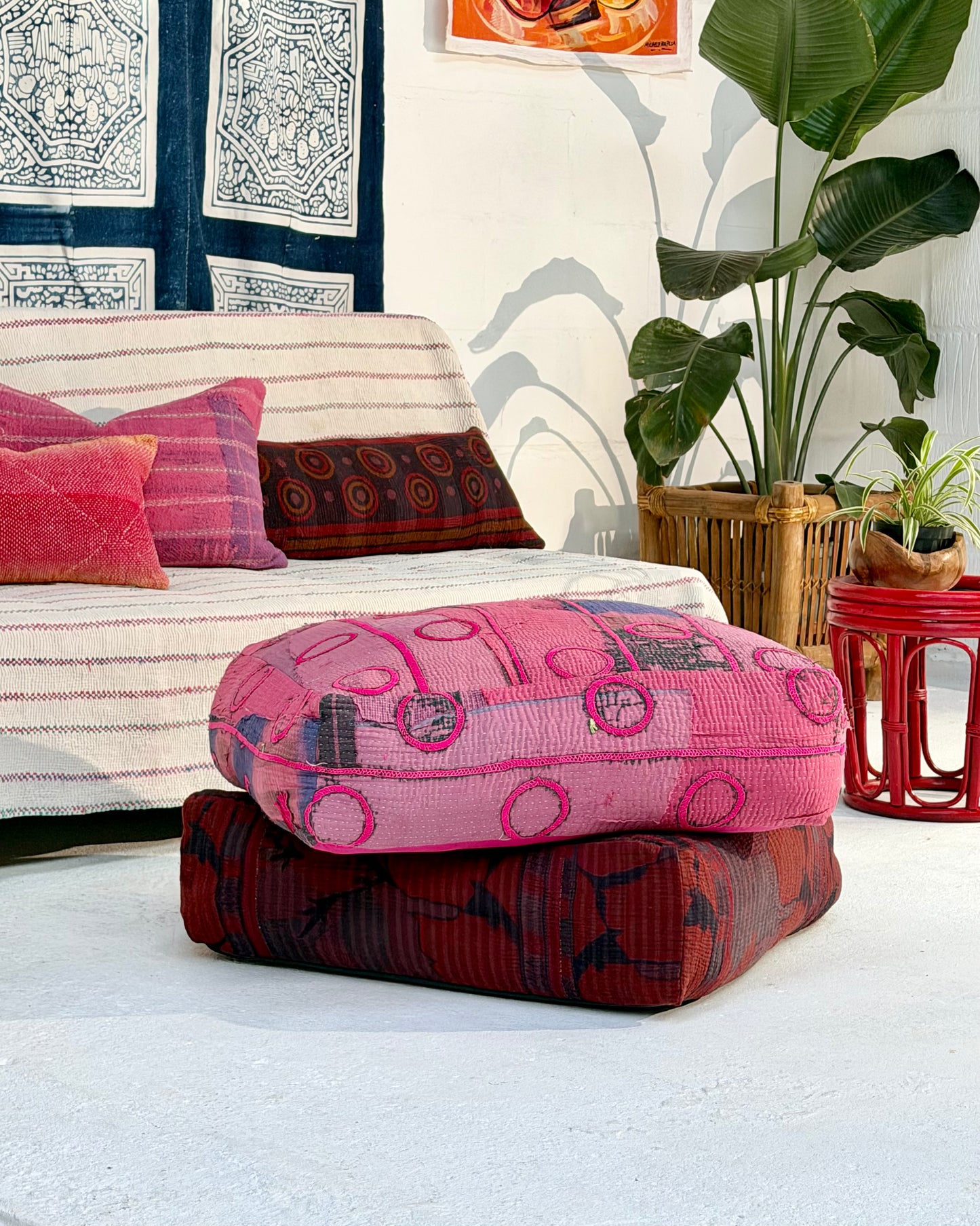 Large Square Kantha Floor Cushion Cover With Pink Circles